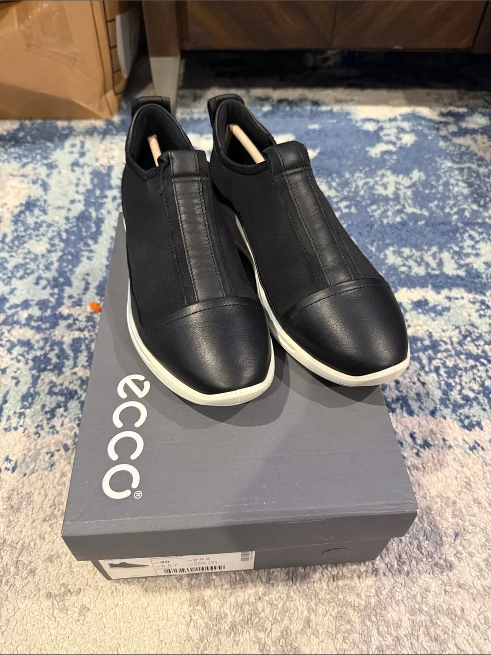 Ecco Black Slip-On Leather Casual Sneakers with White Sole brand new with box